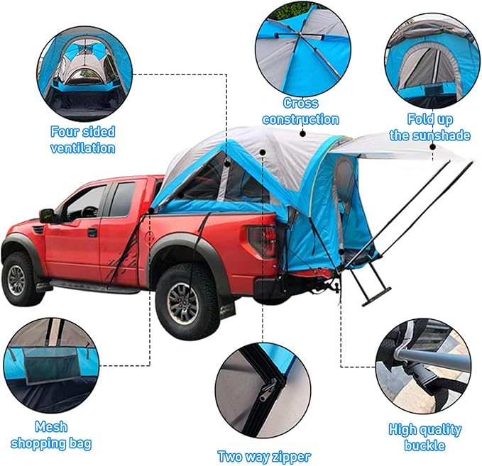 Truck Tent, Pickup Truck Tent with Awning for 5.5-6.7ft, Truck Bed Tent (190+120) x 155 x 165 CM - Waterproof Double Layer 210D Sleeping Tent with Removable Rainfly and Camping Carry Bag