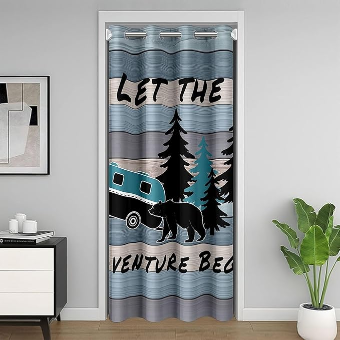 Camper Adventure Kids Door Curtain,Bear Pine Tree Rustic Farmhouse Blackout Curtain,Wooden Plank Cottage Cabin Bedroom Doorway Living Room Decor,Blue Black Privacy Door Drape 1 Panel,42" W X 84" L