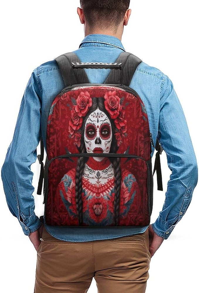 Polyester Daypack for Hiking Work Running, Big Capacity Anti-Theft Multipurpose Shoulder Bag, Mexican Red Rose Sugar Skull Floral Women Day Of The Dead Art Travel and Sport Backpack Rucksack