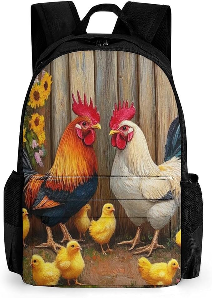 Supdreamc Men Women Polyester Garden Flowers Chicken Rooster Sunflowers Painting Casual Daypack Large Capacity Carry On Bag With Adjustable Shoulder Straps for Camping Work Running