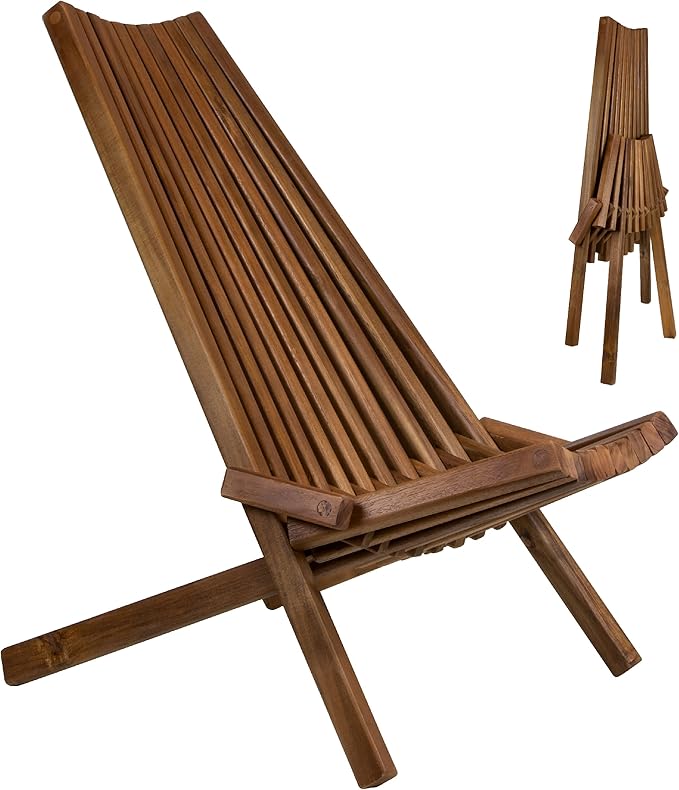 CleverMade Tamarack Folding Wooden Outdoor Chair -Stylish Low Profile Acacia Wood Lounge Chair for the Patio, Porch, Lawn, Garden, Assembly Required, Cinnamon