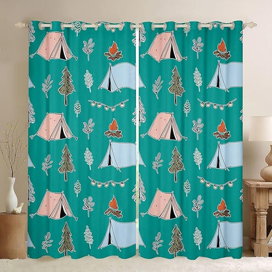 Feelyou Green Camping Camper Curtains for Bedroom Living Room Happy Camping Blackout Shades Campfire Tent Room Darkening Curtain Window Treatments, 2 Panels 52 x 84 Inch Decor