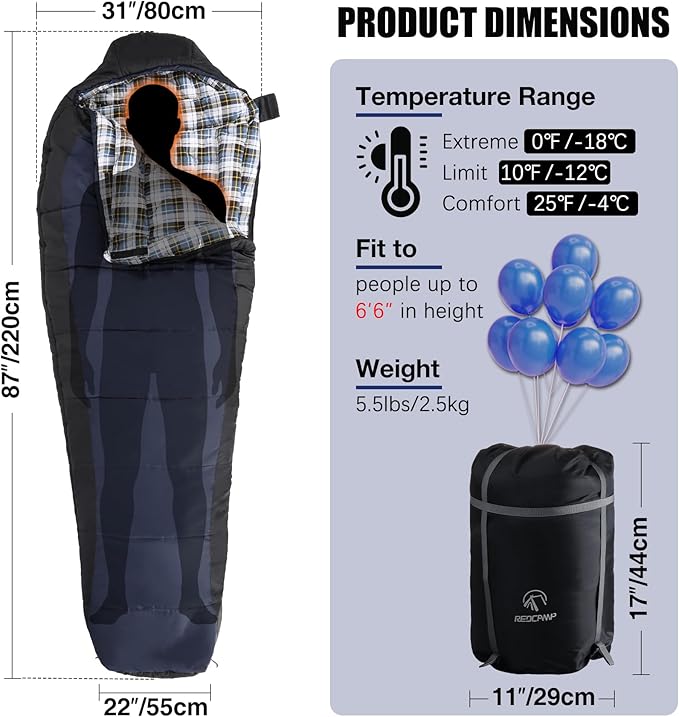 REDCAMP Cold Weather Mummy Sleeping Bag, Warm Flannel Cotton Sleeping Bag, 2 lbs/ 4 lbs Filling