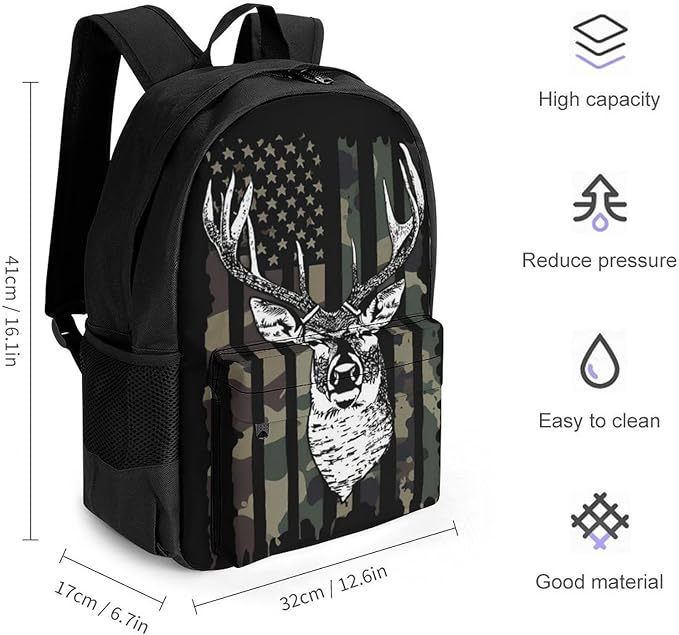 Supdreamc Rucksacks Lightweight Multipurpose Anti-Theft Camo Camouflage American Flag Hunting Cool Deer Black Shoulder Bag Big Capacity Traveling Camping Backpack With Side Pockets