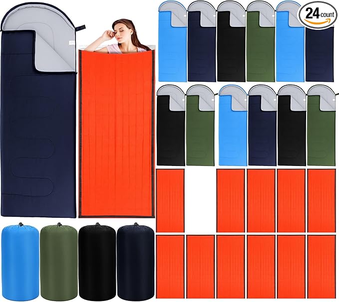 24 Pack Camping Sleeping Bags with Emergency Bivy Sacks – Bulk 4 Season Warm & Cold Weather Waterproof Lightweight Sleeping Bags with Storage Bag for Hiking, Backpacking, Travel, Outdoor