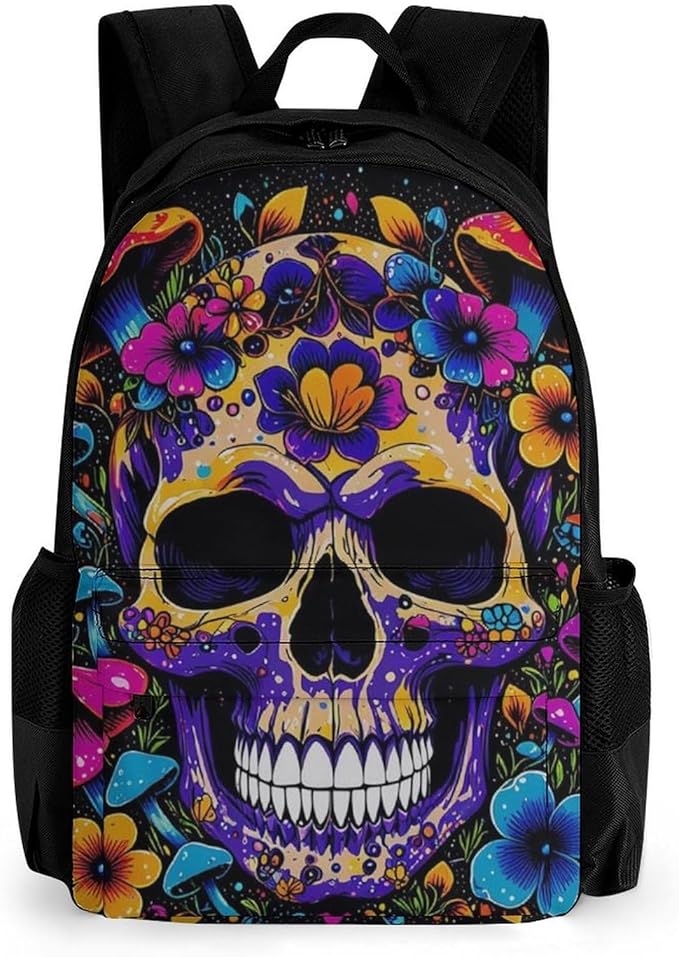 Men Women Lightweight Trippy Skull Head Mushroom Art Casual Daypack Big Capacity Bookbag With Padded Straps for Gym Travel Walking Cycling