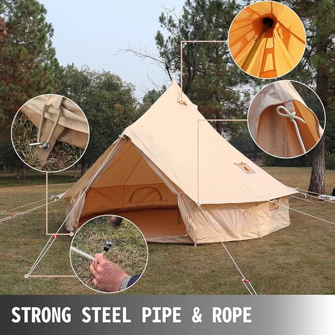GeRRiT 4-12 Person Camping Tent 3-6m Waterproof Cotton Canvas Bell Tent Outdoor 4 Seasons Family Party Picnic Yurt Tent W/Stove Hole, 16.4ft 5m 8~10People, Beige