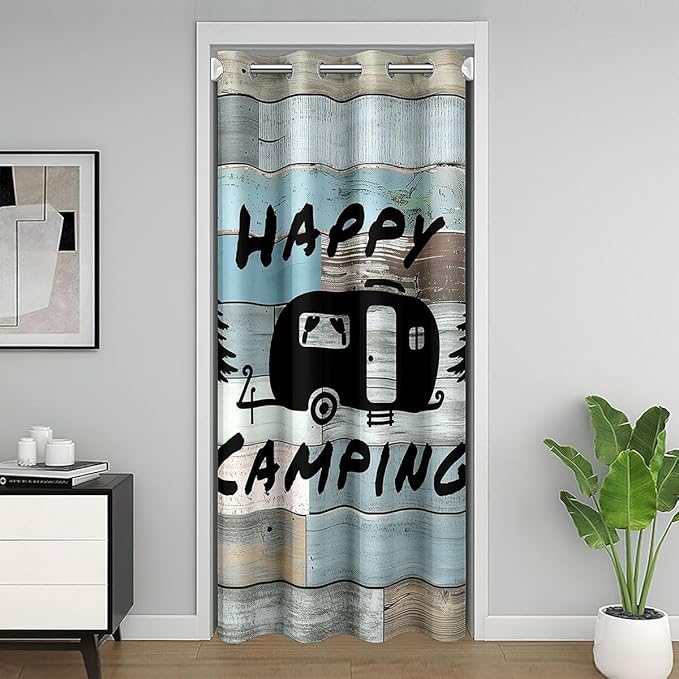 Happy Camping Adventure Door Curtain,Pine Tree Camper Silhouette Rustic Blackout Curtain,Wooden Plank Farmhouse Cabin Bedroom Doorway Living Room Decor,Blue Privacy Door Drape 1 Panel,52" W X 84" L