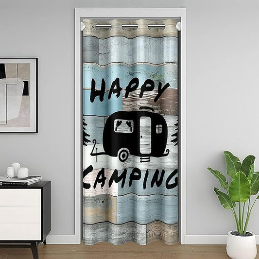 Happy Camping Adventure Door Curtain,Pine Tree Camper Silhouette Rustic Blackout Curtain,Wooden Plank Farmhouse Cabin Bedroom Doorway Living Room Decor,Blue Privacy Door Drape 1 Panel,60" W X 80" L