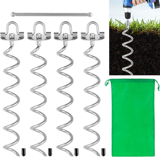 MIXXIDEA 17.5 Inch Gound Anchors Screw in, Metal Spiral Earth Anchors Kit, Heavy Duty Folding Ring Spiral Stake with Straps, Ground Stakes for Tent Trampolines, Sheds, Swings (Silver, 17.5 Inch)