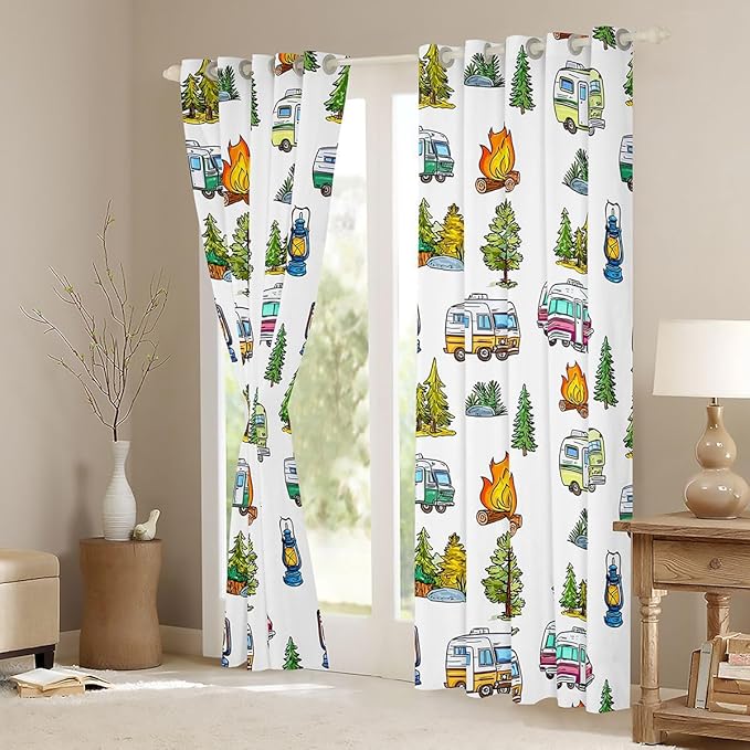 Feelyou Vintage Camper Curtains for Bedroom Living Room Rustic Camping Trailer Blackout Darkening Drapes Camping Campfire Window Treatments, 2 Panels 38 x 54 Inch Rustic Camping Trailer Room Decor