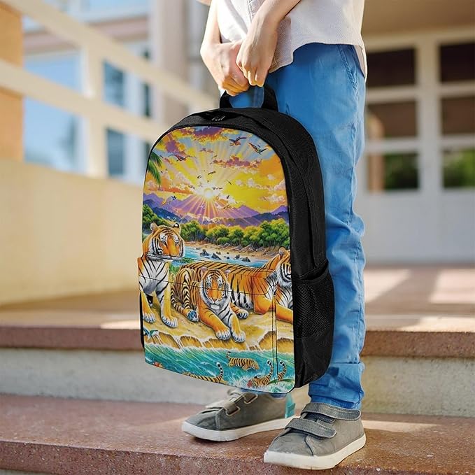Daypack Backpack Polyester Multipurpose Anti-Theft King Of The Tiger Tropical Rainforest Landscape Jungle Parrot Birds Shoulder Bag Big Capacity Gym Outdoor Hiking Backpack With Smooth Zippers