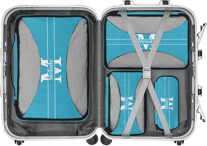 Custom 4 Packing Cubes Set, Lightweight Mesh Travel Luggage Organizers for Travel, Lake Blue Initial Letter 4 Pieces Suitcase Storage Bags
