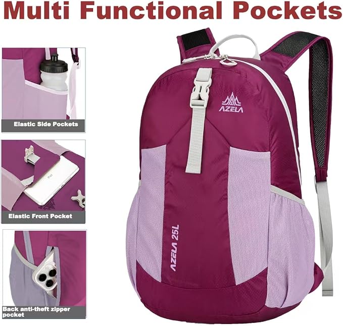 Lightweight Packable Backpack 25L Small Lightweight Backpack for Travel Hiking Daypack Foldable Daypack for Women Men Purple