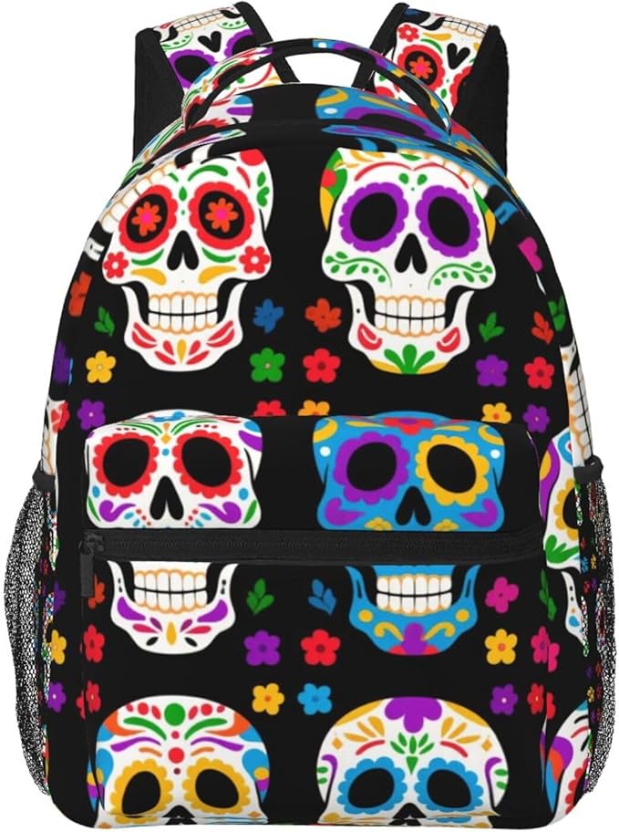Men Women Polyester Dead Sugar Skull Backpack Large Capacity Bookbag With Smooth Zippers for Climbing Picnic Bicycle