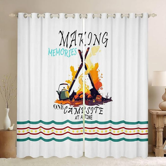 Camper Adventure Blackout Curtains,Geometric Polka Dot Stripe RV Trailer Blackout Curtains,Bonfire Campfire Rustic Farmhouse Boys Girls Room Decor,White 2 Panels,52Wx90L inch
