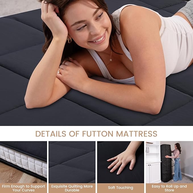 DoCred Full Size Japanese Futon Floor Mattress, Extra Thick Futon Mattress, Foldable Japanese Floor Mattress for Adults, Breathable Memory Foam Sleeping Pad, Roll Up Tatami Mat for Guest Room