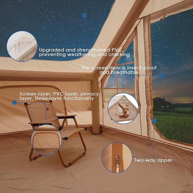 Inflatable Camping Tent Tarps for 4-6 Person, with Electric Air Pump, Extended Canopy, 4 Season Waterproof Windproof, Clear Skylight & 420D Oxford Waterproof, Air Tent with Mesh Windows/Doors