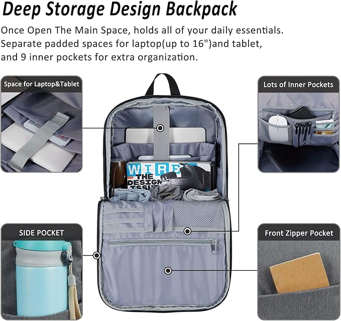 MAXTOP Deep Storage Laptop Backpack with USB Charging Port[Water Resistant] College Computer Bookbag Fits 16 Inch Laptop