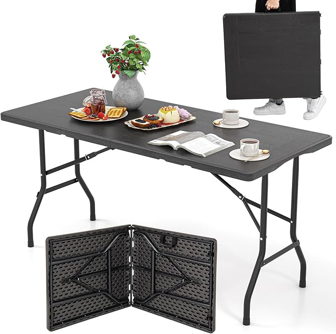 Tangkula 5FT Folding Table, Indoor Outdoor Foldable Plastic Table with HDPE Tabletop, Sturdy Metal Fame, Carrying Handle, 4-6 Person Picnic Table for Camping BBQ Party