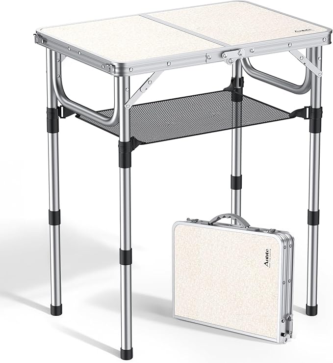 Folding Camping Table, Aluminum 24" x 16" Adjustable Height Small Folding Table with Carrying Handle, Lightweight, Portable Camping Table Waterproof for Outdoor Indoor Picnic Beach BBQ, Silver