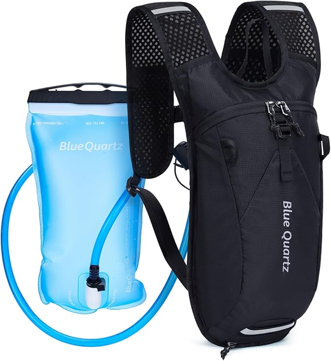 Blue Quartz Hydration Backpack with 2L Water Bladder - Lightweight Cycling & Running Pack for Men Women, Breathable Mesh Straps, L-Zip Wide Opening Hydration Pack for Quick Access