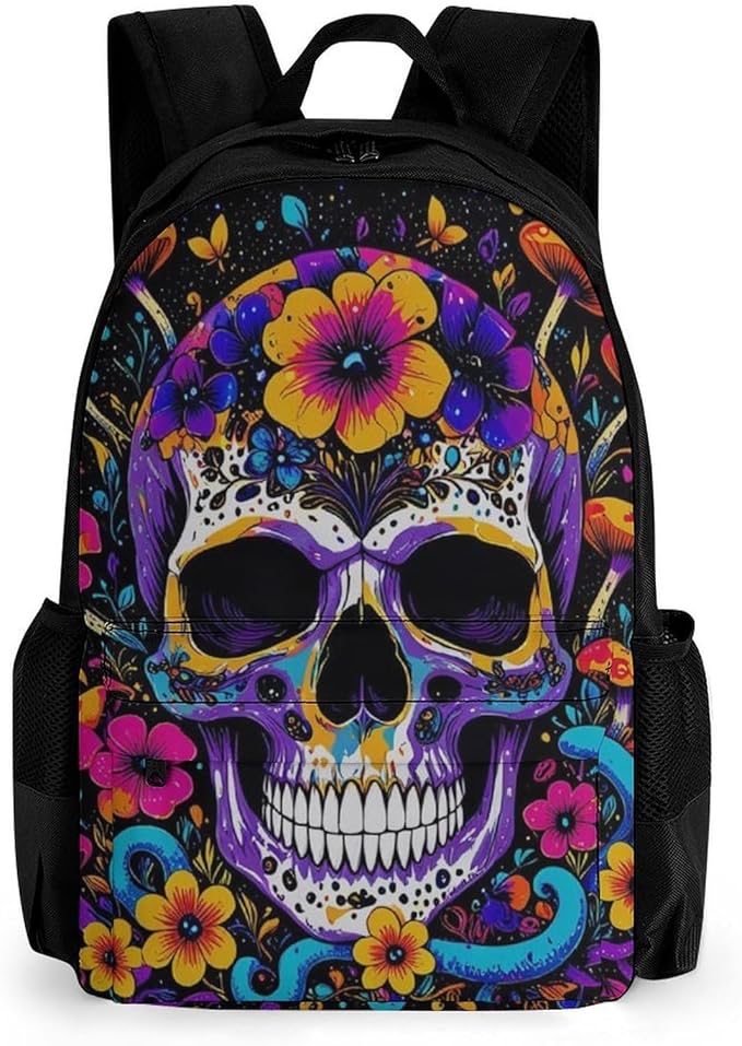 Men Women Polyester Trippy Skull Head Mushroom Art Daypack Bookbag Big Capacity Shoulder Bag With Padded Straps for Climbing Travel Walking Cycling
