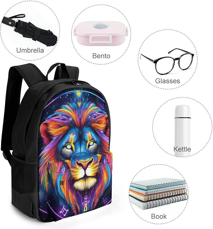 Supdreamc Daypack Bookbag Anti-Theft Multipurpose Large Capacity Bookbag, Trippy Lion Leo Constellation Art Travel Hiking Camping Rucksack With Adjustable Shoulder Straps