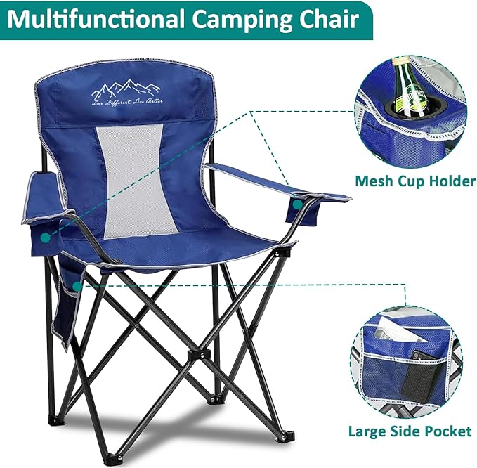 Outdoor Folding Camping Chair with Cup Holder, Storage Bag, Large Anti-Sink Feet, 325lbs Capacity, Breathable Mesh Portable Chair for Camping, Beach, Fishing, Sports, Blue 2Pack