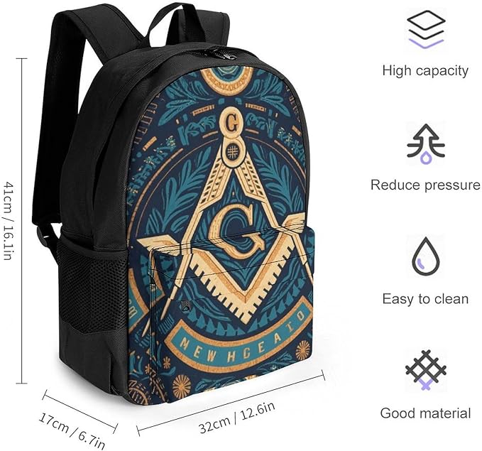 Daypack Anti-Theft Multipurpose Large Capacity Shoulder Bag, Gold Freemason Freemasonry Masonic Art Travel Hiking Camping Rucksack With Smooth Zippers