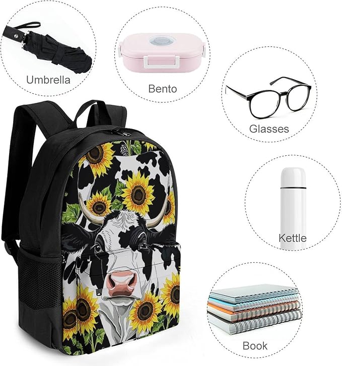 Supdreamc Polyester Daypack for Camping Travel Walking Cycling, Big Capacity Anti-Theft Multipurpose Bookbag, Farm Cow Sunflower Print Camping Outdoor Backpack