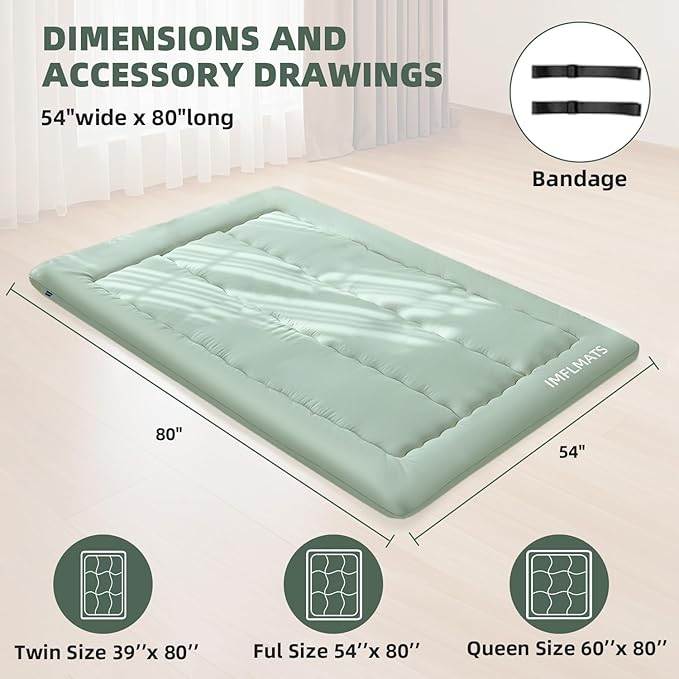 Japanese Floor Mattress Futon Mattress,3" Foldable Tatami Sleeping Pad for Adults & Kids,100% High Density Foam Comfortable Floor Mattress Full Size 54"x 80",Ideal for Comfort and Support,Green