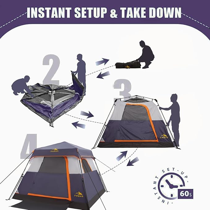 3/4 Person Camping Tent with 1 Door, 4 Windows, and Upgraded Ventilation– Instant Setup, Waterproof, 8'x 8'x 67''Oxford Fabric Floor Pop Up in 60 Seconds Includes Rainfly and Backpack