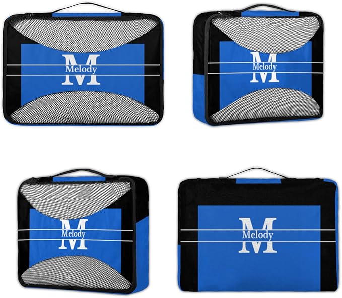 Custom Packing Cubes with Name and Initial Letter, 4Pcs/Set Travel Luggage Packing Organizers Set for Men and Women, Navy Blue with Black