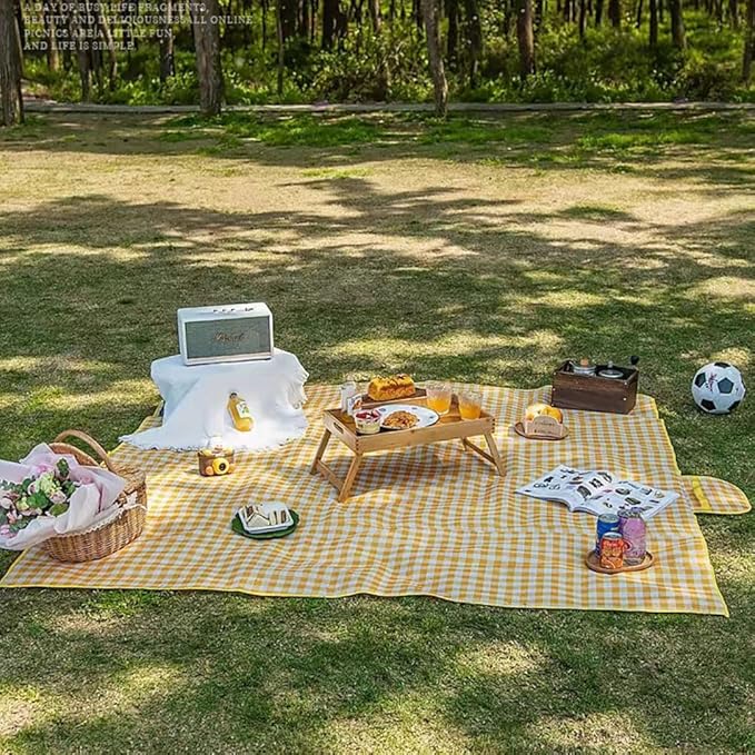 RUIBOLU Beach Blanket Large Picnic Blankets, 80x60in Sandproof Beach Mat for 2-4 Adults Waterproof Quick Drying Outdoor Picnic Mat for Travel Camping Hiking Festival Park Lawn (Yellow Plaids)