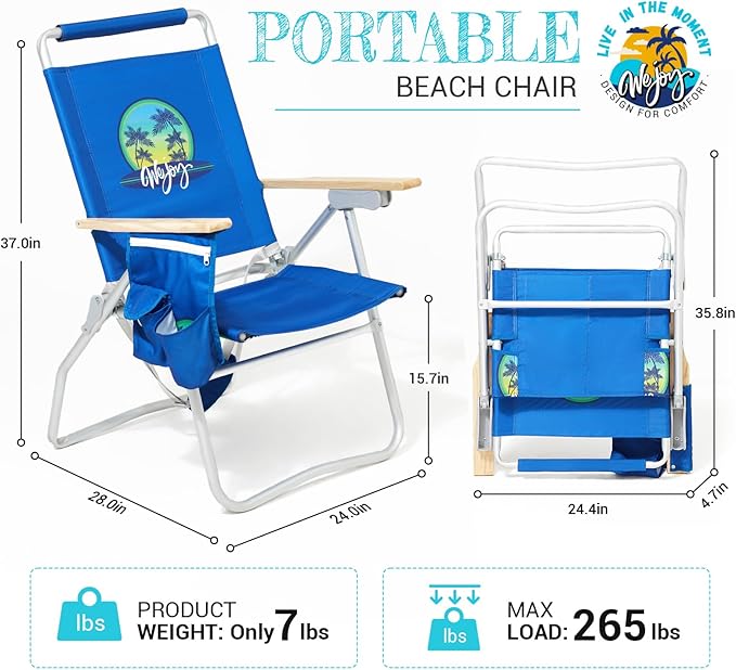 #WEJOY Folding Beach Chair for Adults, 4-Position Aluminum Lightweight Beach Chair, Low Sands Chairs with Shoulder Strap, Cup Holder and Padded Headrest, Supports 265lbs for Lawn