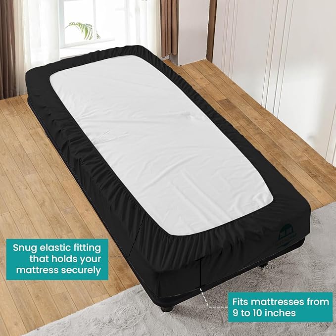 Full Fitted Sheet 54 x 75 Inches 10" Deep Pocket 100% Egyptian Cotton 600 Thread Count Snug Fit for Trifold Mattress, Narrow Twin, Camp Bunk, Guest Bed, Army Cot Soft & Breathable – Black