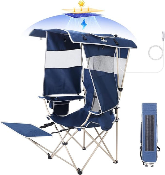 Nice C Chair with Canopy, Umbrella Chair, Chairs with Shade, Sports Chairs, USB, Type-C&DC Charging Cable Included, 30W Solar Panels, Removable Footrest&Cooler Bag (1 Navy)