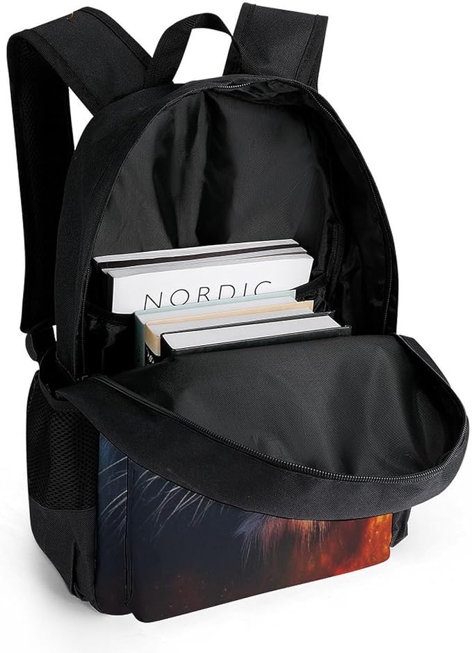 Rucksack Polyester Anti-Theft Multipurpose Space Fire Flame Animal King Wild Angry Tiger Bookbag Big Capacity Travel and Sport Backpack Rucksack With Side Pockets