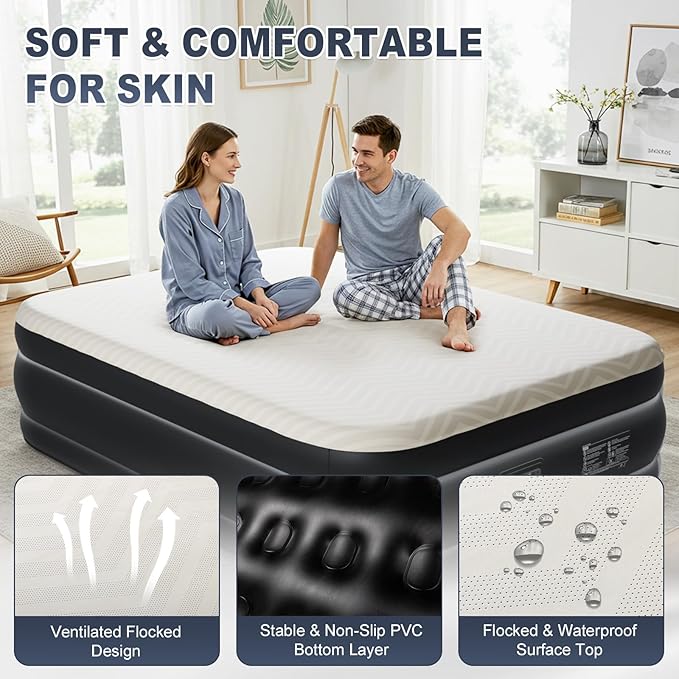 Outvita 18in Queen Air Mattress with Built-in Pump, Quick Assembly Comfort Blow Up Sleeping Mat for Guests and Home, Camping, Travel, Air Bed 650lbs Weight Capacity (80 * 60 * 18in)