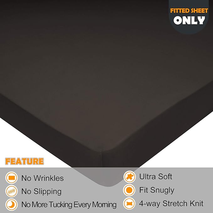 Soft Stretch Twin Fitted Sheet Only - Jersey Knit & 4-Way Stretchy Snug Fit, Stay in Place and No More Slipping, Wrinkle Free Mattress Sheets, Cozy T-Shirt Comfortable - Brown, Twin