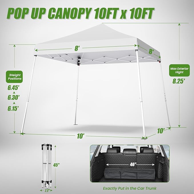 10x10 Pop Up Canopy, 300D Silver Coated White Fabric Outdoor Gazebo, Beach Tent Slant Legs with Storage Bag,Easy Up Sun Shade Shelter Tents with 8x8 Top Cover for Patio,Party