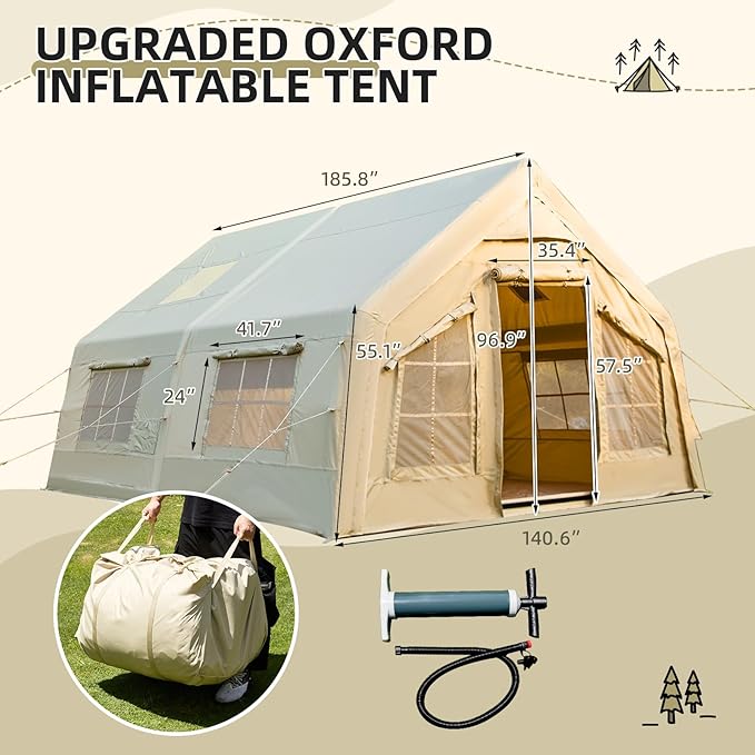 EROMMY 4/6/8/12 Person Inflatable Tent with Skylight, 4 Season Blow Up Tents with Hand Pump for Outdoor Camping & Hiking, Easy Set-up Windproof Sunproof Waterproof