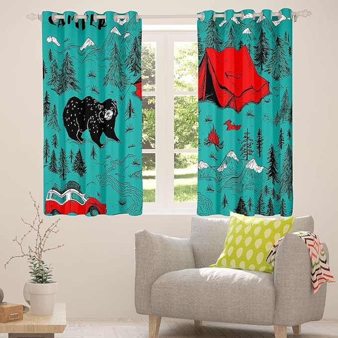 Feelyou Camper Camping Curtains for Bedroom Living Room Rustic Farmhouse Animal Bear Blackout Darkening Drapes Green Camping Window Treatments, 2 Panels 52 x 84 Inch Room Decor