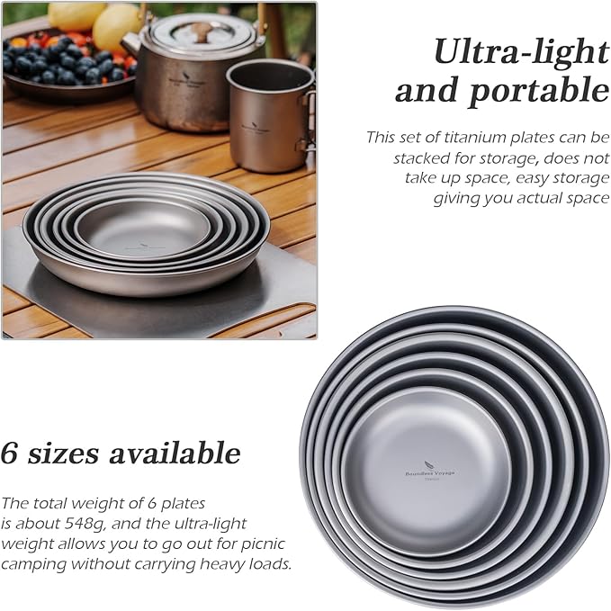 Boundless Voyage Titanium Camping Plate Dishes Saucer Lightweight Round Dinnerware Set Stackable Serving Plates Pasta Plates Travel Outdoor Home Kitchen Tableware Set Ti1141T