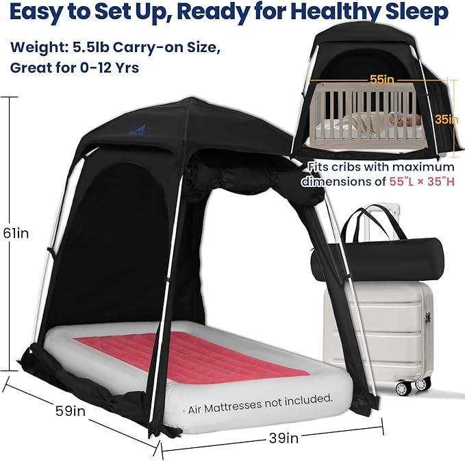 Baby Blackout Tent Fits Crib, Pack N Play, Toddler Travel Bed & Kids Cot, CPC Certified Sleep Pod with Fan Pocket 2 Mesh Doors, Breathable & Quiet Design, Easy Setup & Portable