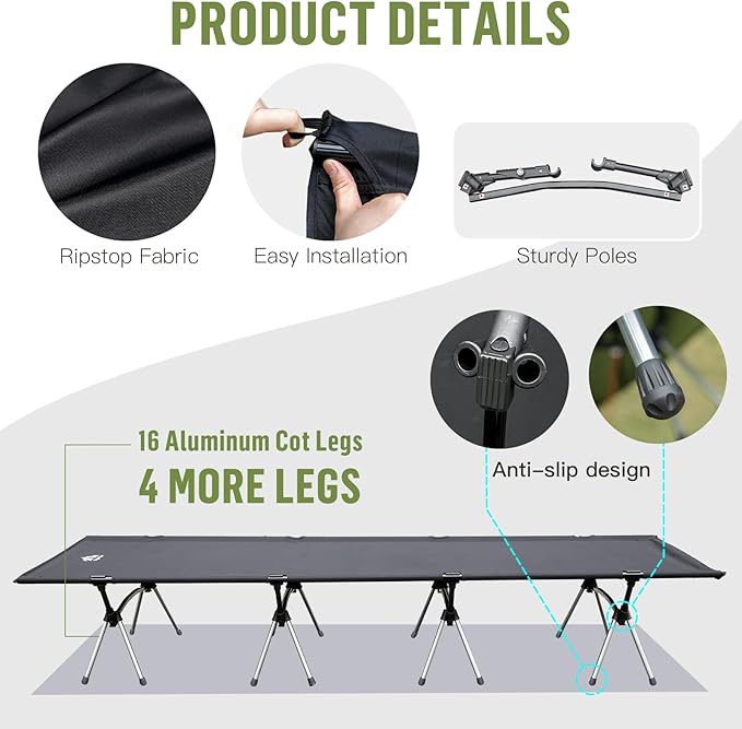 Night Cat Camping Cot Bed - Portable Folding Sleeping Cots for Adults 1-Person Outdoor Elevated Off-Ground Beds Easy Set-up Army Sleeping Bed 87"x32"