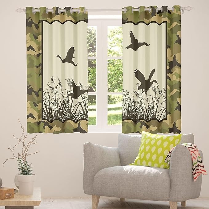 Manfei Mallard Blackout Curtains Wild Duck Green Camouflage Window Drapes,Wildlife Theme Camo Window Treatments,Kids Boys Girls Room Decor,Grommet Top 2 Panel Set Bedroom Curtains, 42Wx84L inch