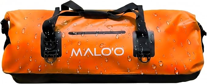 Malo’o Waterproof Dry Duffel, Heavy-Duty Roll Top Waterproof Gear Bag with Shoulder Strap & Molle Loops, Marine Duffel for Kayaking, Boating, Camping, Beach & Travel, Orange, 100L