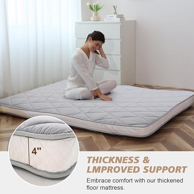 Full Size Futon Mattress - Extra Thick Foldable Japanese Floor Mattress - Memory Foam Sleeping Pad for Adults - Tatami Mat Suitable for Camping & Guest -Diamond Gray